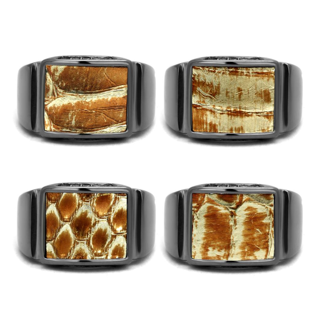 MATK2738 - IP Light Black  (IP Gun) Stainless Steel Ring with Leather  in Brown