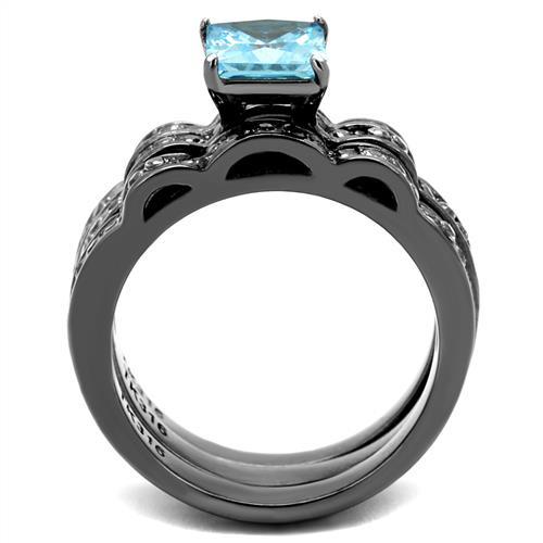 MATK2748 - IP Light Black  (IP Gun) Stainless Steel Ring with AAA Grade CZ  in Sea Blue