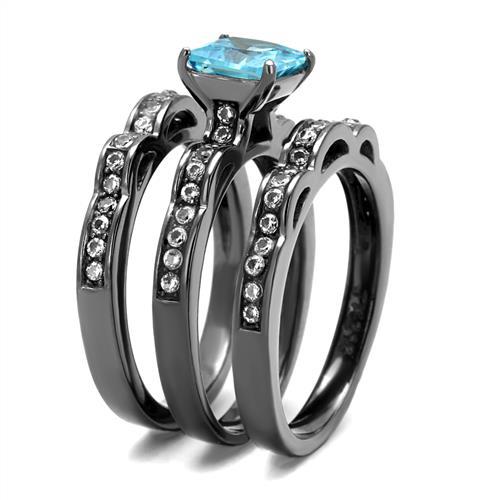 MATK2748 - IP Light Black  (IP Gun) Stainless Steel Ring with AAA Grade CZ  in Sea Blue