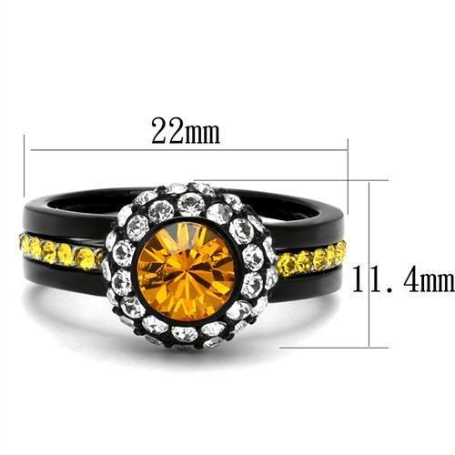 MATK2783 - Two-Tone IP Black (Ion Plating) Stainless Steel Ring with Top Grade Crystal  in Topaz
