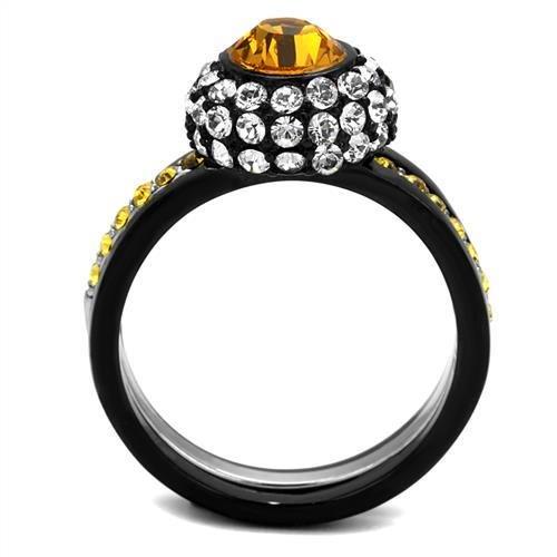 MATK2783 - Two-Tone IP Black (Ion Plating) Stainless Steel Ring with Top Grade Crystal  in Topaz