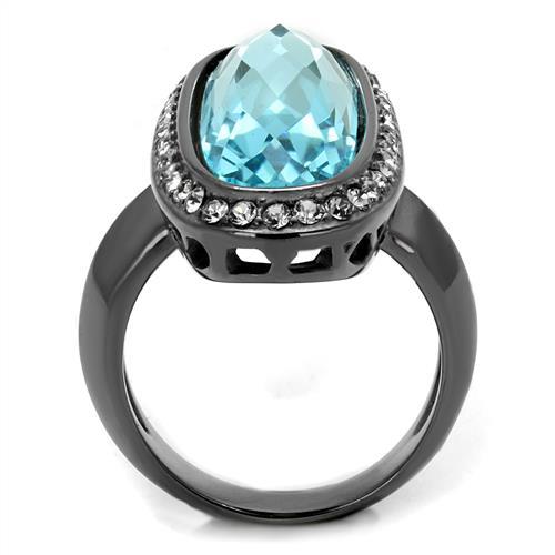 MATK2804 - IP Light Black  (IP Gun) Stainless Steel Ring with Top Grade Crystal  in Sea Blue