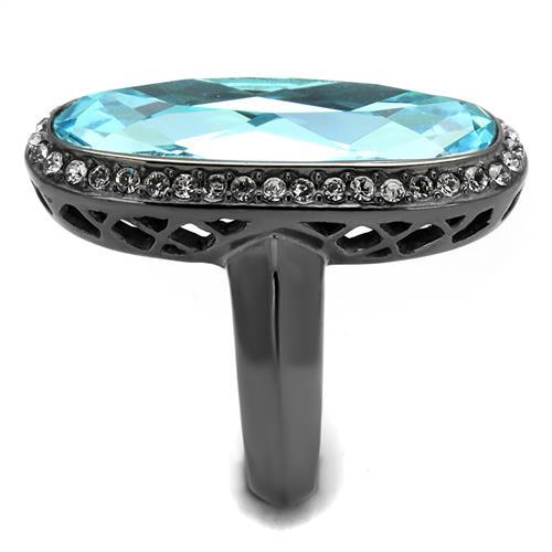 MATK2804 - IP Light Black  (IP Gun) Stainless Steel Ring with Top Grade Crystal  in Sea Blue