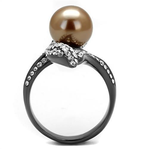 MATK2834 - IP Light Black  (IP Gun) Stainless Steel Ring with Synthetic Pearl in Brown