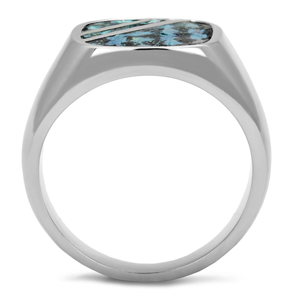 MATK2860 High polished (no plating) Stainless Steel Ring with Leather in Aquamarine AB