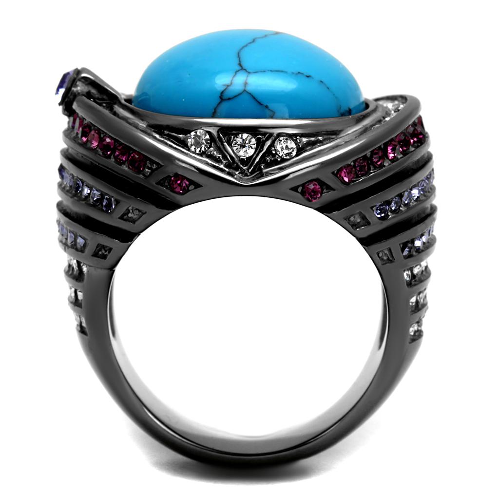 MATK2983 - IP Light Black  (IP Gun) Stainless Steel Ring with Synthetic Turquoise in Sea Blue