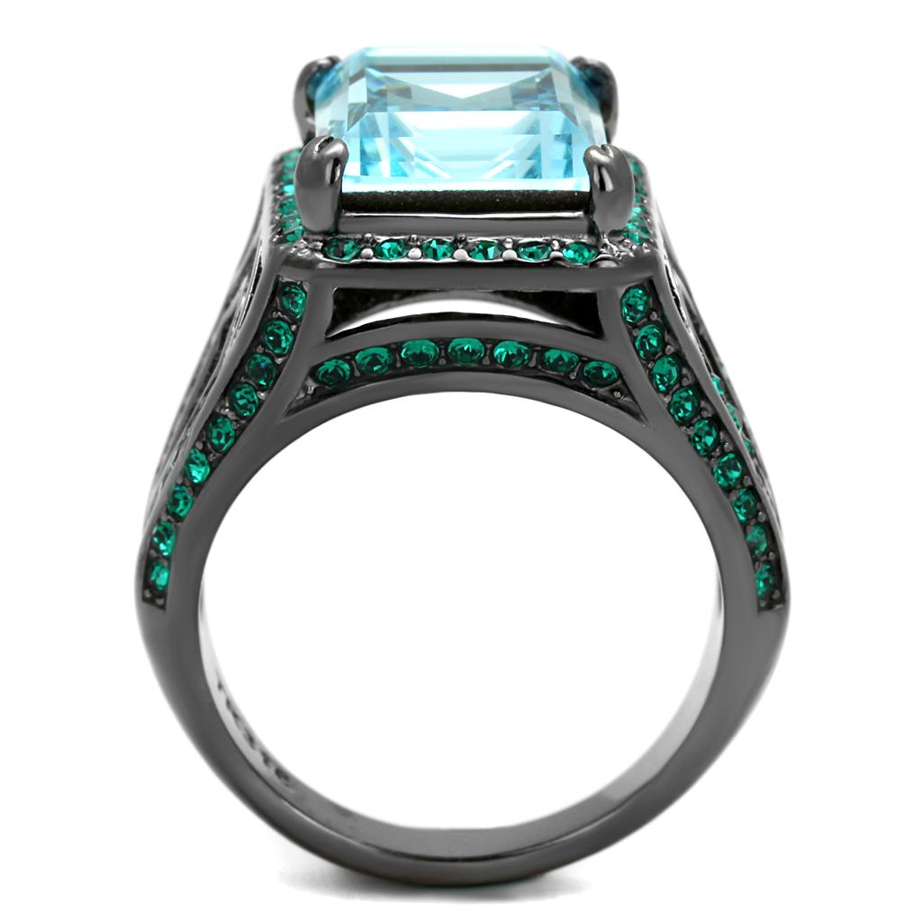 MATK2988 - IP Light Black  (IP Gun) Stainless Steel Ring with Top Grade Crystal  in Sea Blue