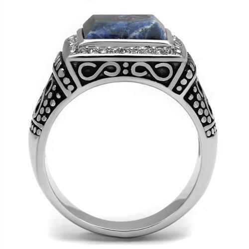 MATK3003 - High polished (no plating) Stainless Steel Ring with Semi-Precious Sodalite in Capri Blue