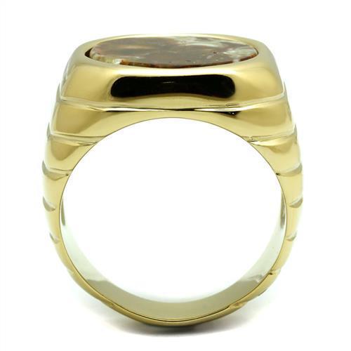 MATK3017 - IP Gold(Ion Plating) Stainless Steel Ring with Semi-Precious Oligoclase in Smoked Quartz