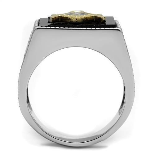 MATK3018 - Two-Tone IP Gold (Ion Plating) Stainless Steel Ring with Semi-Precious Agate in Jet