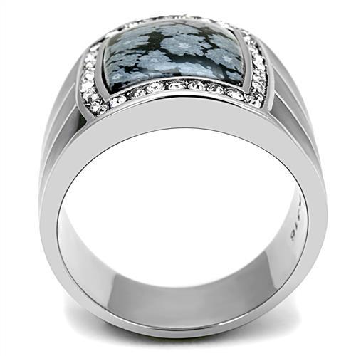 MATK3042 - High polished (no plating) Stainless Steel Ring with Semi-Precious Snowflake Obsidian in Jet