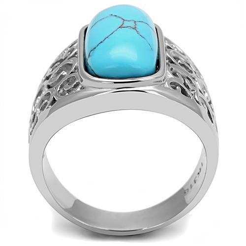 MATK3043 - High polished (no plating) Stainless Steel Ring with Synthetic Turquoise in Sea Blue