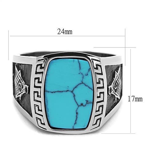 MATK3044 - High polished (no plating) Stainless Steel Ring with Synthetic Turquoise in Sea Blue