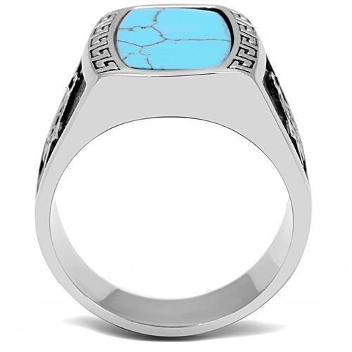 MATK3044 - High polished (no plating) Stainless Steel Ring with Synthetic Turquoise in Sea Blue