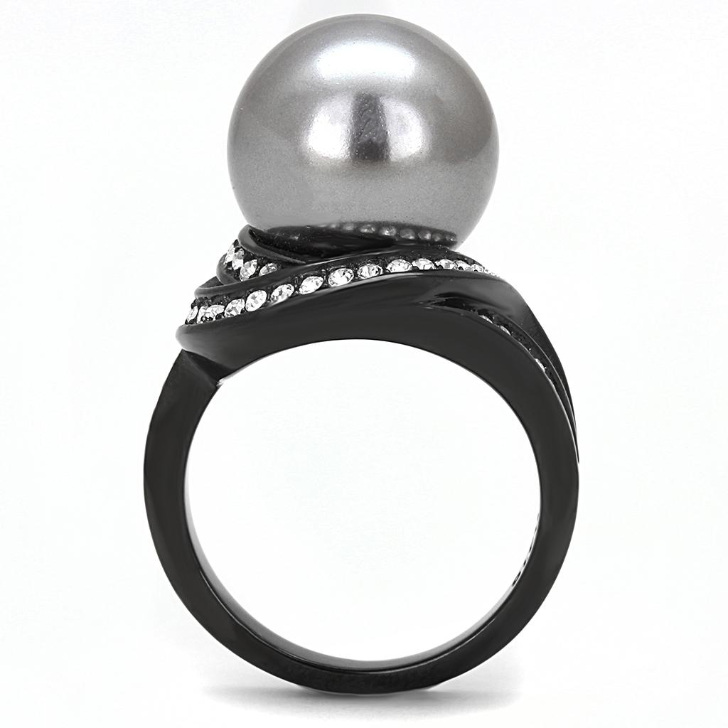 MATK3052 - IP Black(Ion Plating) Stainless Steel Ring with Synthetic Pearl in Gray