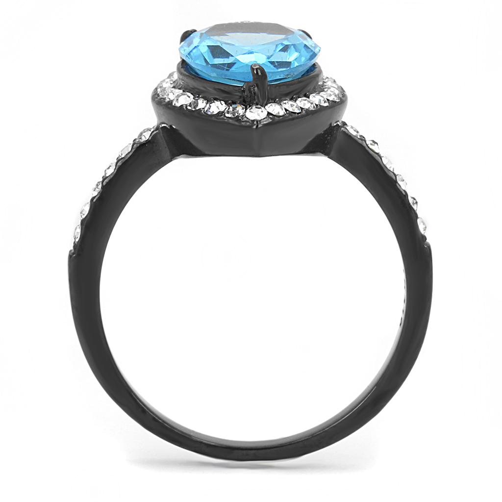MATK3057 - IP Black(Ion Plating) Stainless Steel Ring with Synthetic Synthetic Glass in Sea Blue