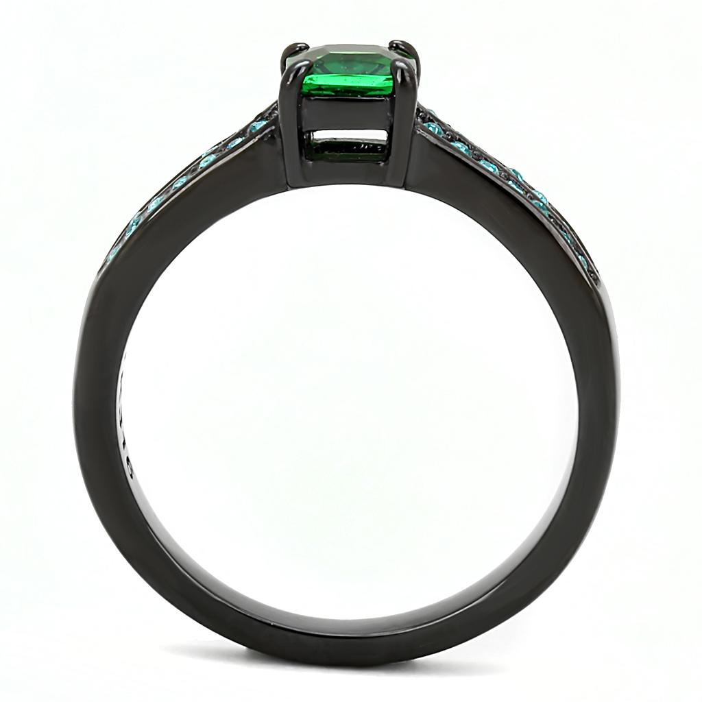 MATK3064 - IP Black(Ion Plating) Stainless Steel Ring with Synthetic Synthetic Glass in Emerald