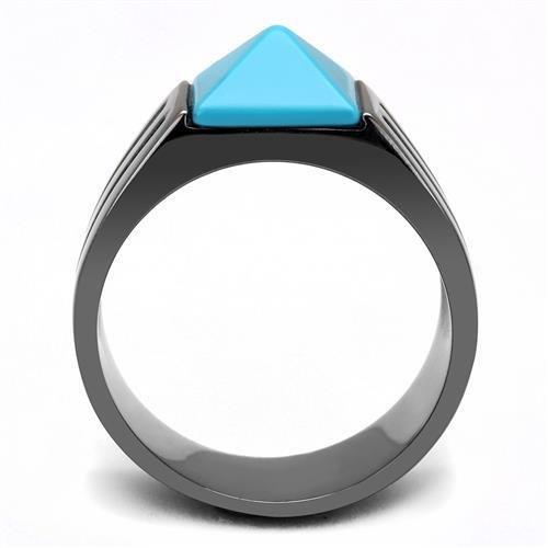 MATK3074 - IP Light Black  (IP Gun) Stainless Steel Ring with Synthetic Turquoise in Sea Blue