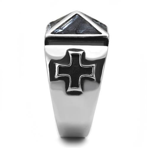 MATK3075 - High polished (no plating) Stainless Steel Ring with Leather  in Jet