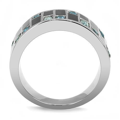 MATK3175 - High polished (no plating) Stainless Steel Ring with Synthetic Synthetic Glass in Sea Blue