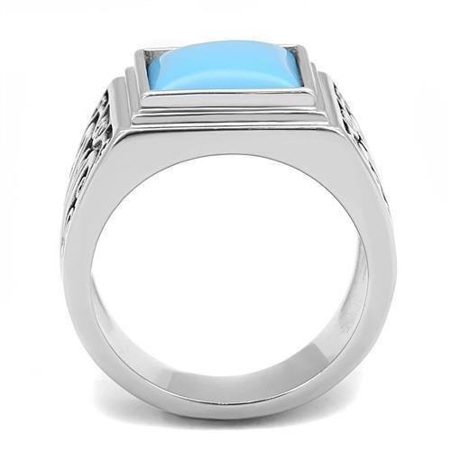 MATK3188 - High polished (no plating) Stainless Steel Ring with Synthetic Turquoise in Sea Blue