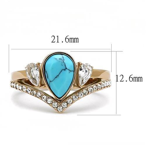 MATK3200 - IP Rose Gold(Ion Plating) Stainless Steel Ring with Synthetic Turquoise in Sea Blue
