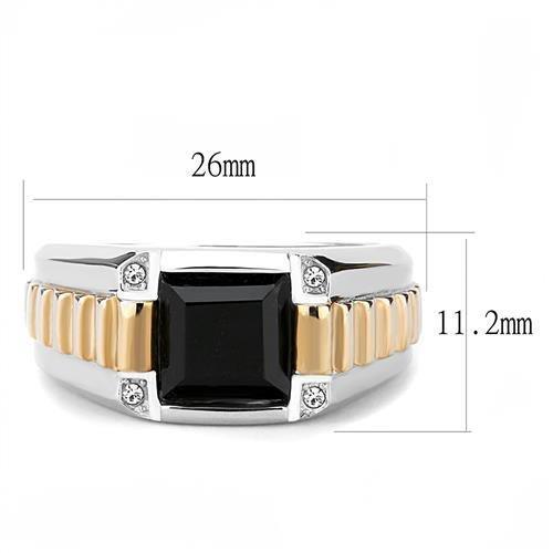MATK3227 - Two-Tone IP Rose Gold Stainless Steel Ring with Synthetic Onyx in Jet