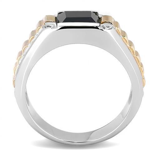 MATK3227 - Two-Tone IP Rose Gold Stainless Steel Ring with Synthetic Onyx in Jet