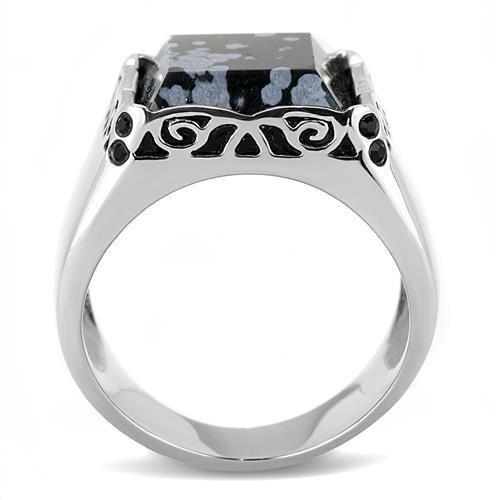 MATK3230 - High polished (no plating) Stainless Steel Ring with Semi-Precious Snowflake Obsidian in Jet