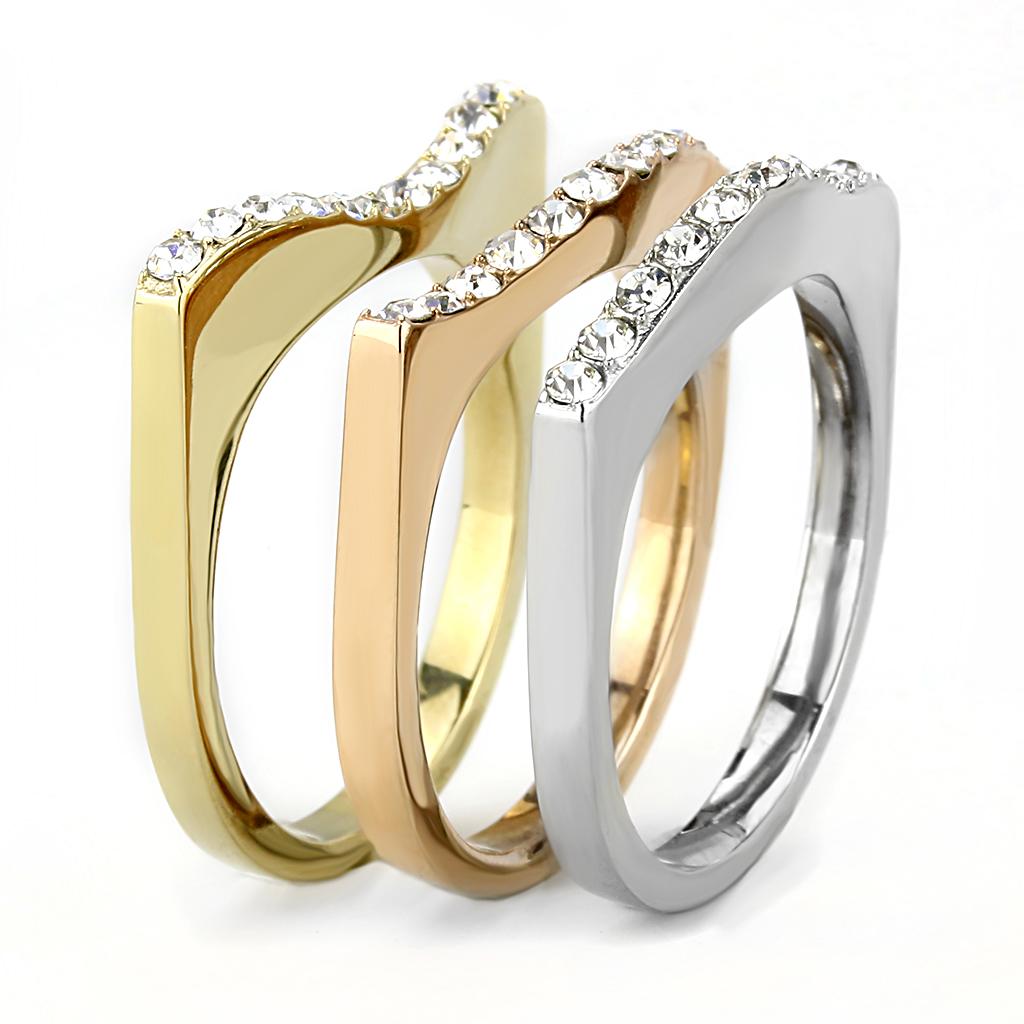 MATK3234 - Three Tone (IP Gold & IP Rose Gold & High Polished) Stainless Steel Ring with Top Grade Crystal  in Clear