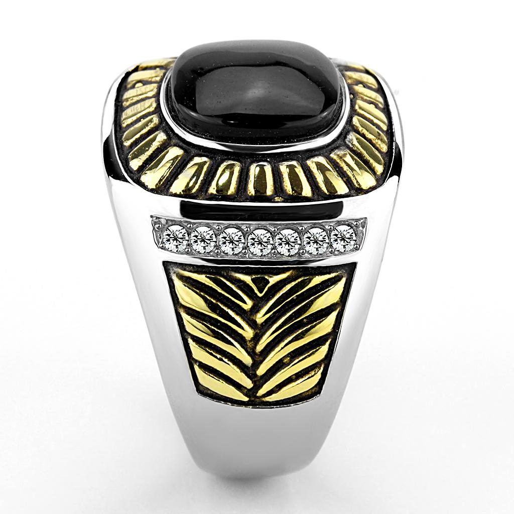 MATK3294 - Two-Tone IP Gold (Ion Plating) Stainless Steel Ring with Synthetic Onyx in Jet