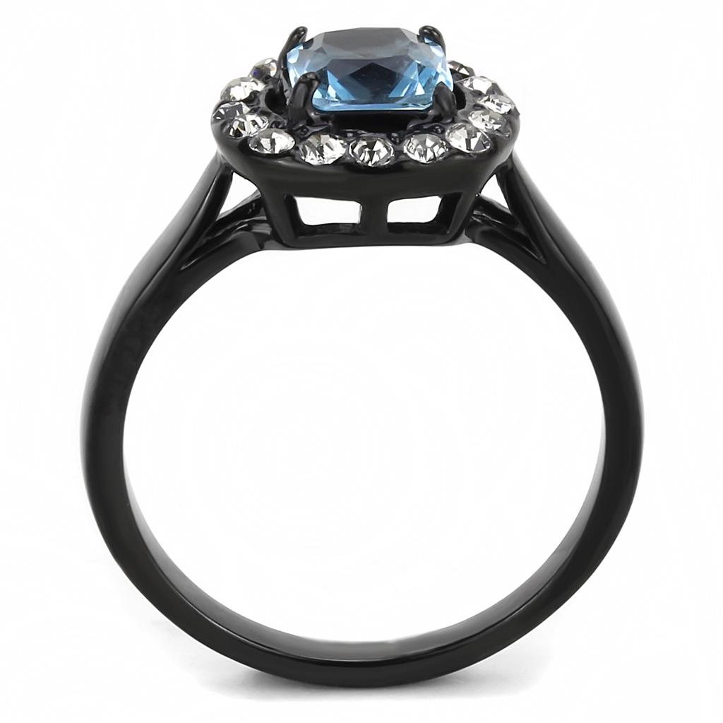 MATK3443 - IP Black(Ion Plating) Stainless Steel Ring with Synthetic Synthetic Glass in Sea Blue