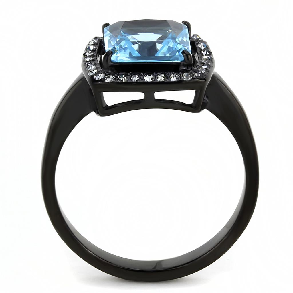 MATK3447 - IP Black(Ion Plating) Stainless Steel Ring with Synthetic Synthetic Glass in Sea Blue
