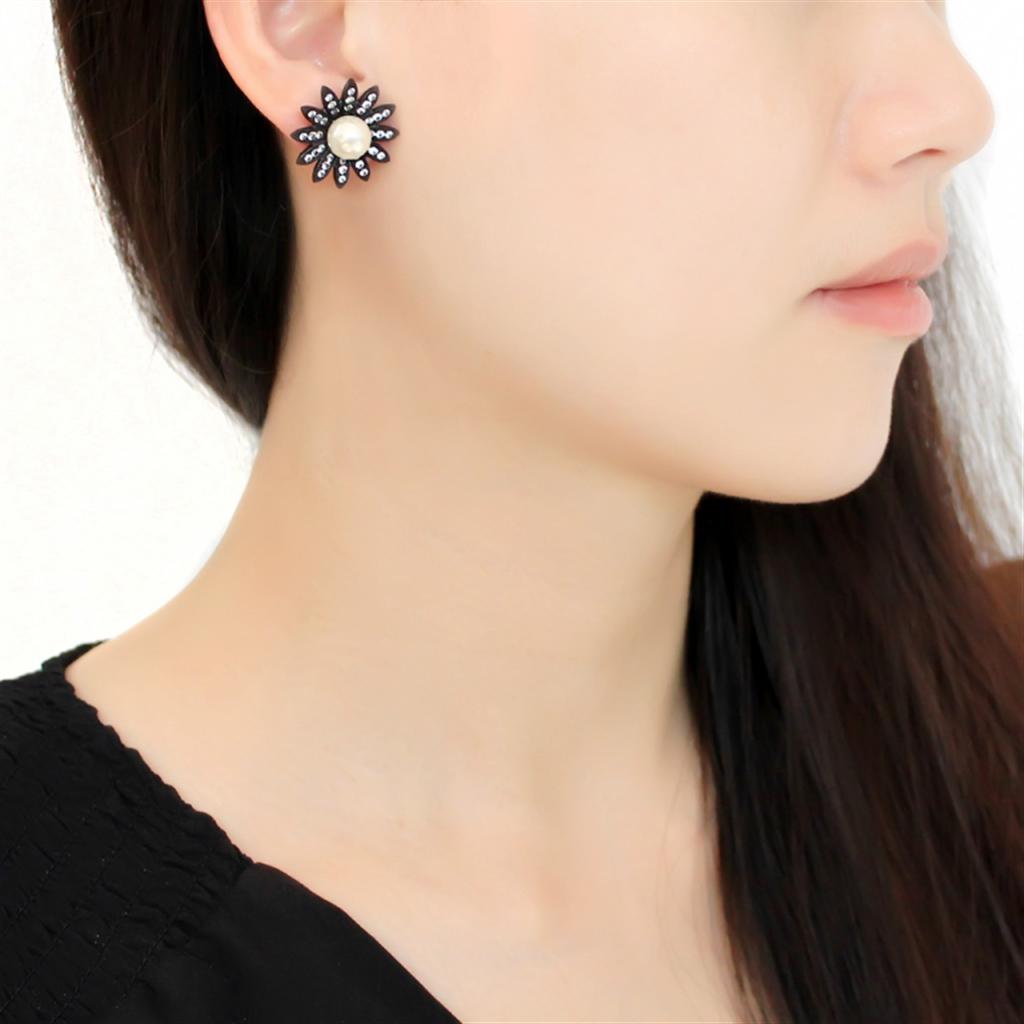 MATK3484 - IP Black(Ion Plating) Stainless Steel Earrings with Synthetic Pearl in White