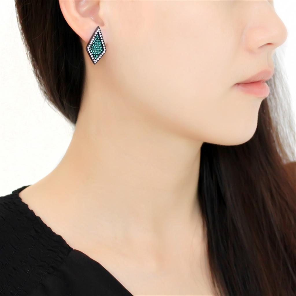 MATK3486 - IP Black(Ion Plating) Stainless Steel Earrings with Top Grade Crystal  in Emerald