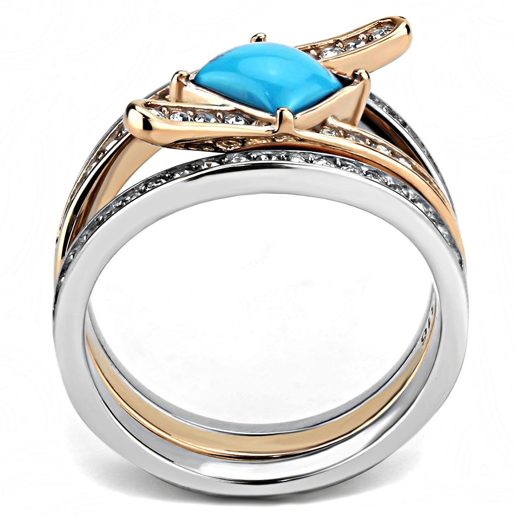 MATK3519 - Two-Tone IP Rose Gold Stainless Steel Ring with Synthetic Turquoise in Sea Blue
