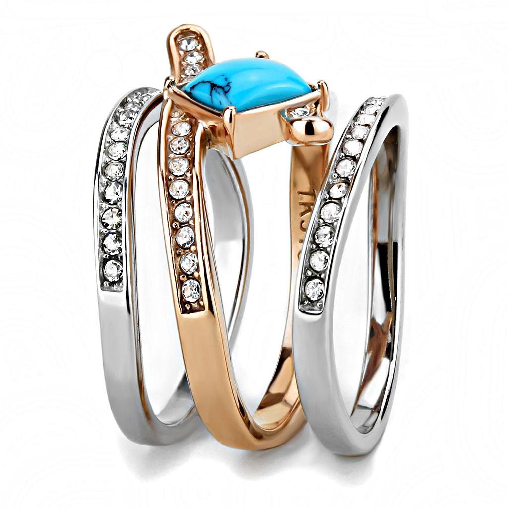 MATK3519 - Two-Tone IP Rose Gold Stainless Steel Ring with Synthetic Turquoise in Sea Blue