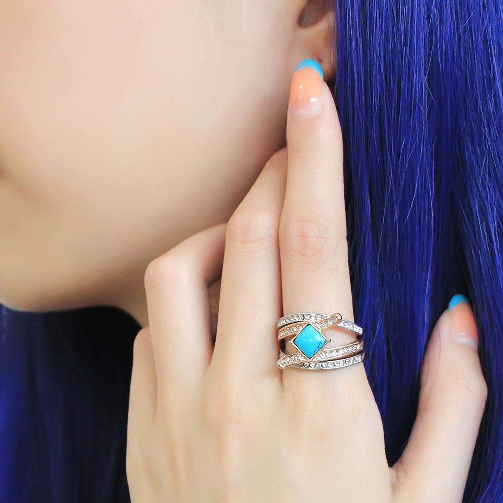 MATK3519 - Two-Tone IP Rose Gold Stainless Steel Ring with Synthetic Turquoise in Sea Blue