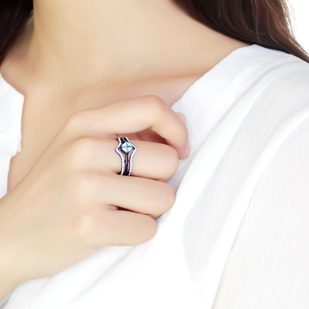 MATK3562 - IP Black(Ion Plating) Stainless Steel Ring with AAA Grade CZ  in Sea Blue