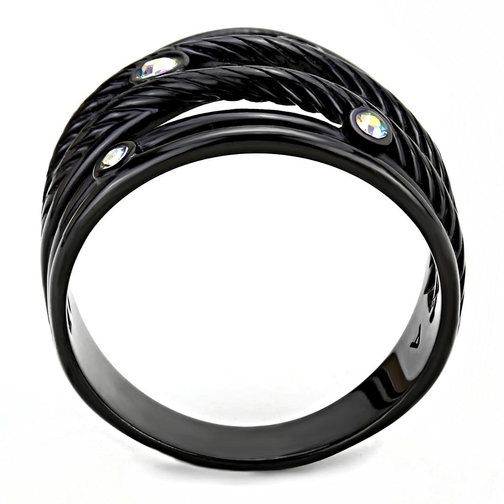 MATK3566 - IP Black(Ion Plating) Stainless Steel Ring with Top Grade Crystal  in Aurora Borealis (Rainbow Effect)