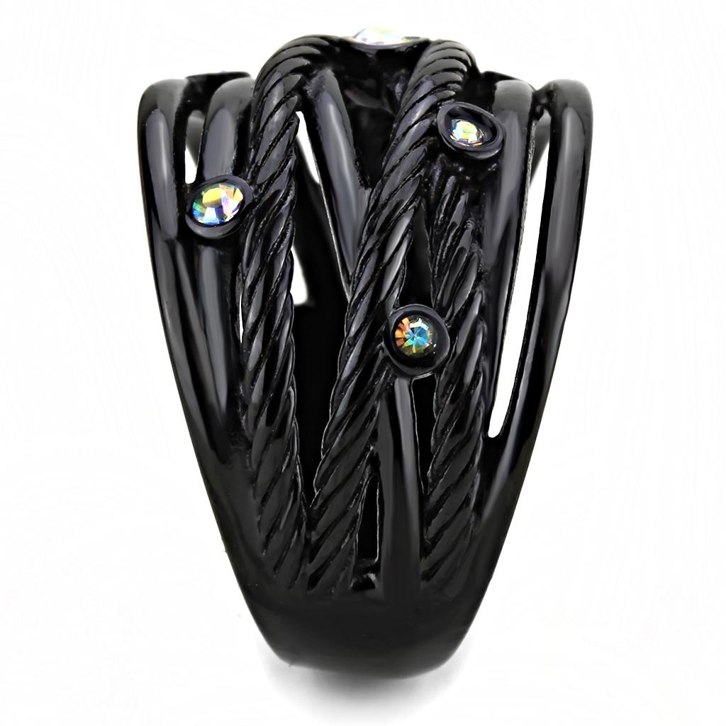 MATK3566 - IP Black(Ion Plating) Stainless Steel Ring with Top Grade Crystal  in Aurora Borealis (Rainbow Effect)
