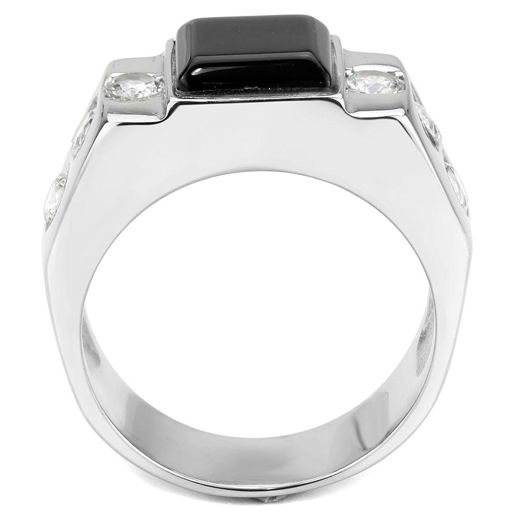 MATK3615 - High polished (no plating) Stainless Steel Ring with Synthetic Onyx in Jet