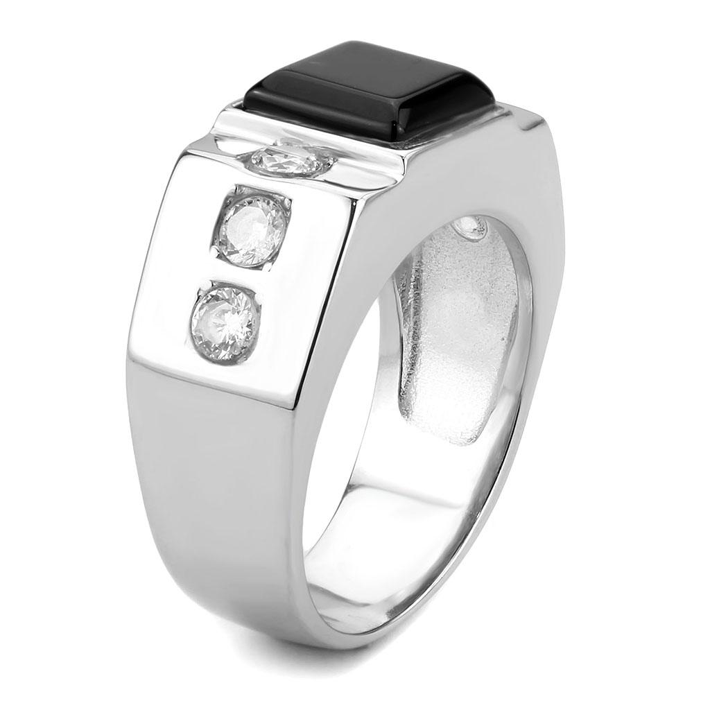 MATK3615 - High polished (no plating) Stainless Steel Ring with Synthetic Onyx in Jet