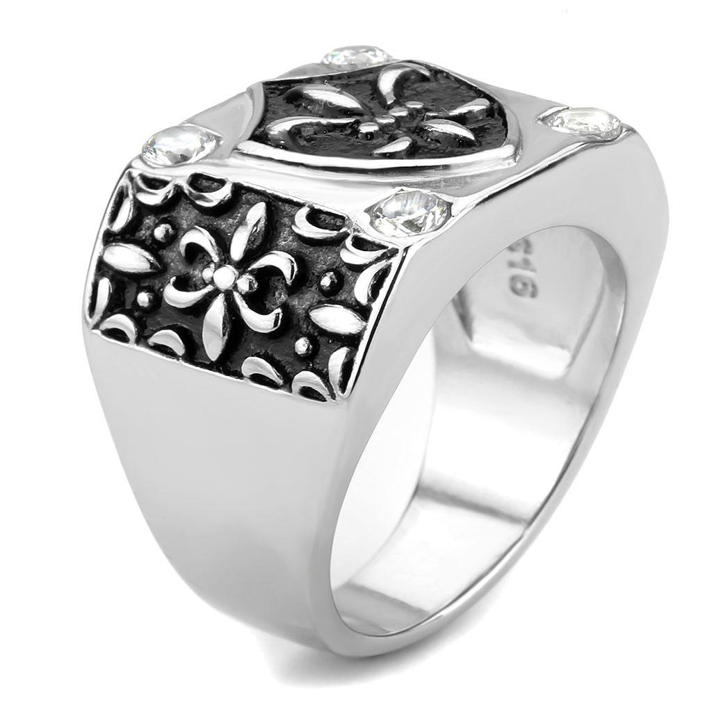 MATK3621 - High polished (no plating) Stainless Steel Ring with AAA Grade CZ  in Clear