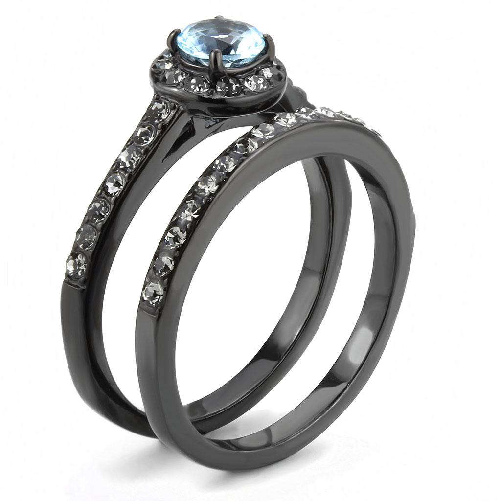 MATK3634 - IP Black(Ion Plating) Stainless Steel Ring with Synthetic Synthetic Glass in Sea Blue