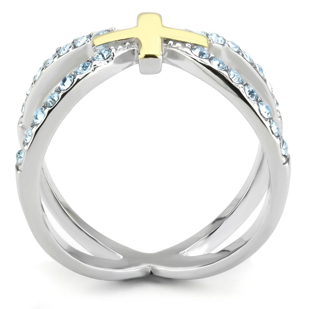 MATK3636 - Two-Tone IP Gold (Ion Plating) Stainless Steel Ring with Top Grade Crystal  in Sea Blue