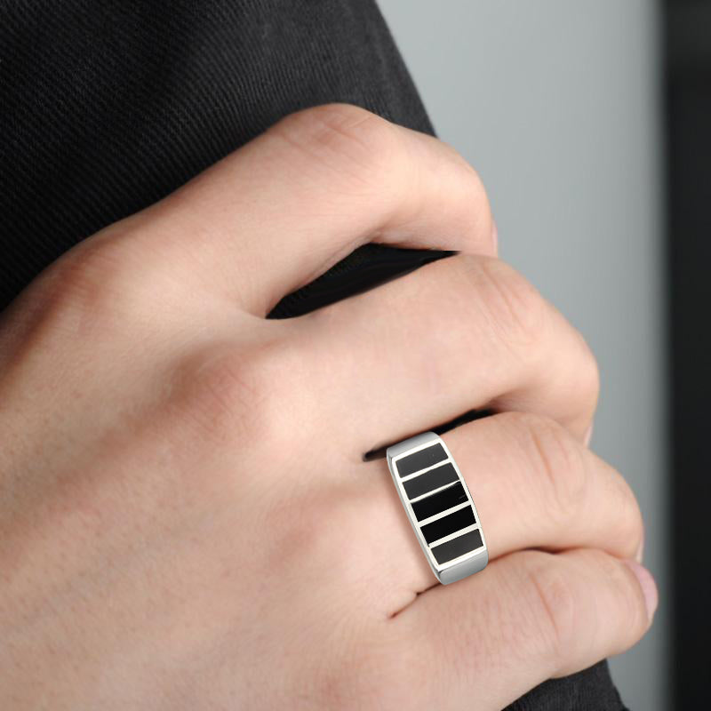 MATK3767 - High polished (no plating) Stainless Steel Ring with Epoxy in Jet