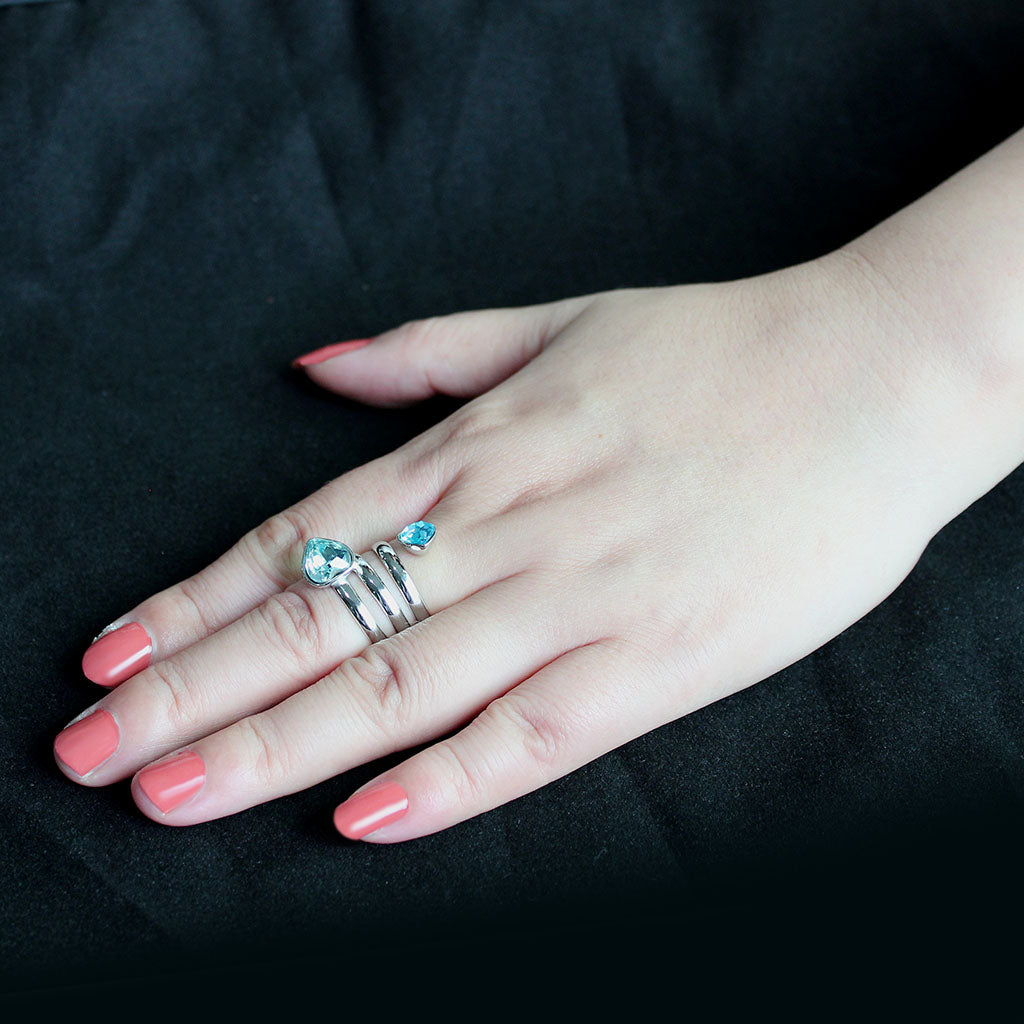 MATK3806 - High polished (no plating) Stainless Steel Ring with Top Grade Crystal in SeaBlue