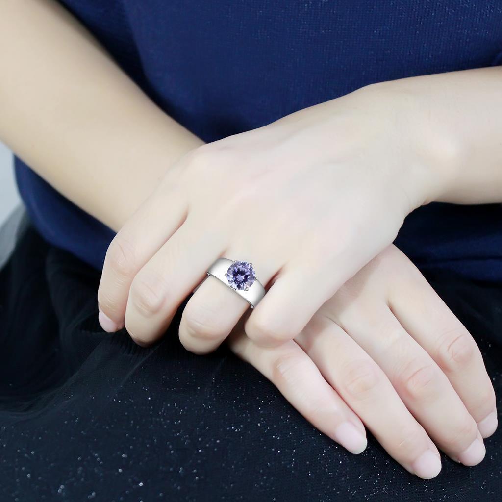 MATK52006 - High polished (no plating) Stainless Steel Ring with AAA Grade CZ  in Light Amethyst