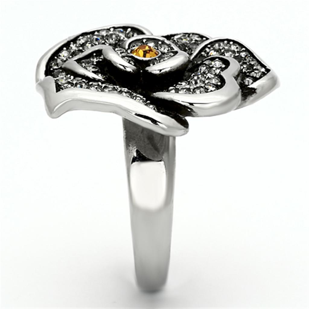 MATK924 - High polished (no plating) Stainless Steel Ring with Top Grade Crystal  in Topaz